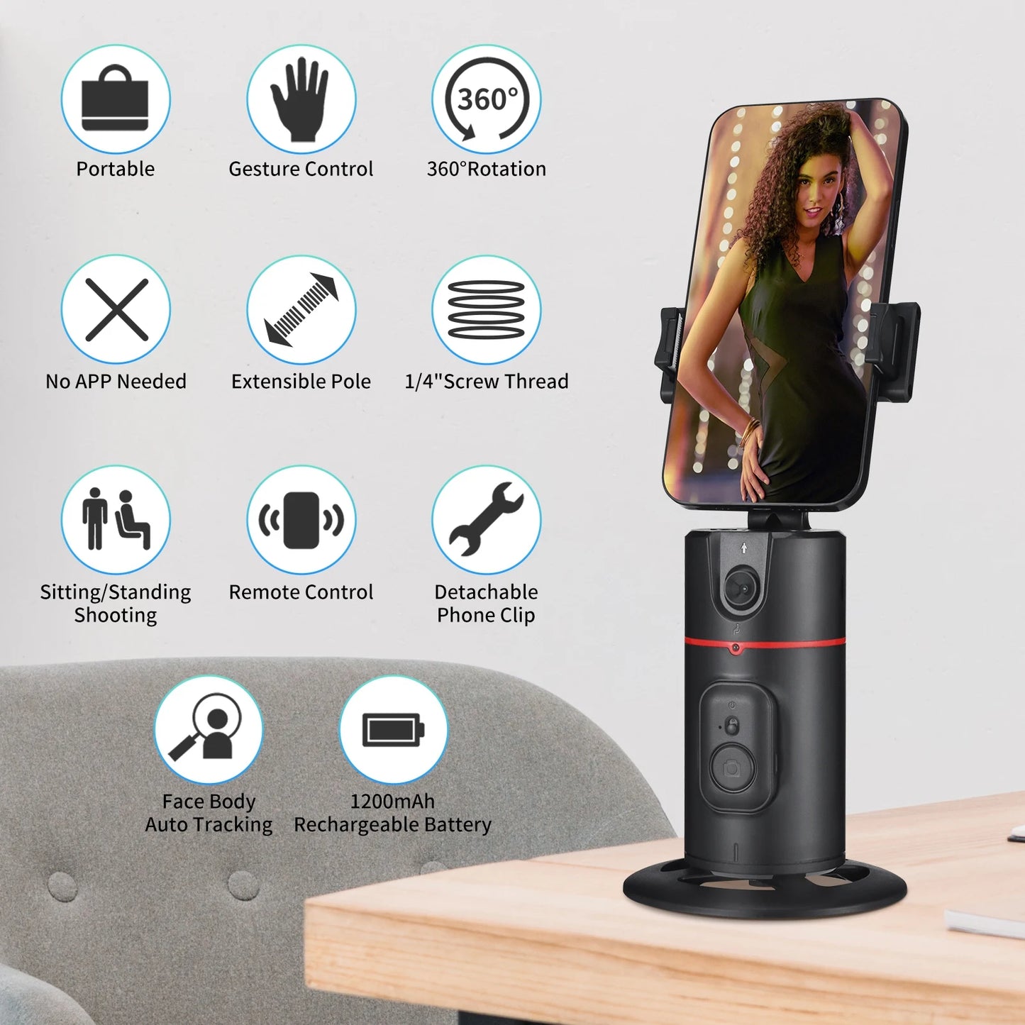 Auto Face Tracking Tripod, Smart Tracking Tripod with Remote for Vlog/TIK Tok, 360° Rotation Body Phone Camera Mount, No App